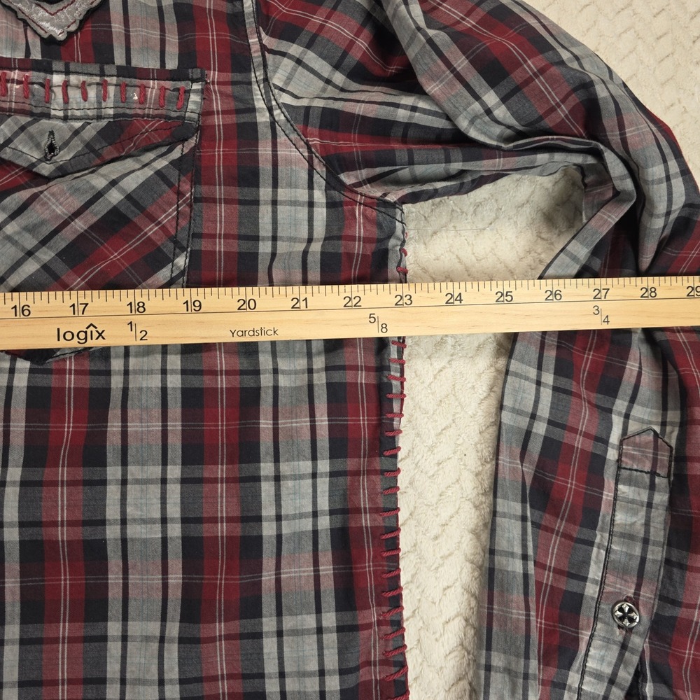 Affliction Black Premium Mens XL Plaid Button Down Shirt Back Embroidery Red - Picture 7 of 9